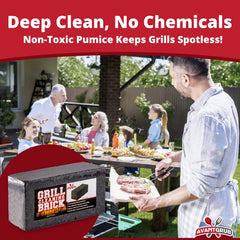 Avant Grub brick scrubbing a hot griddle removing carbon for faster turnaround