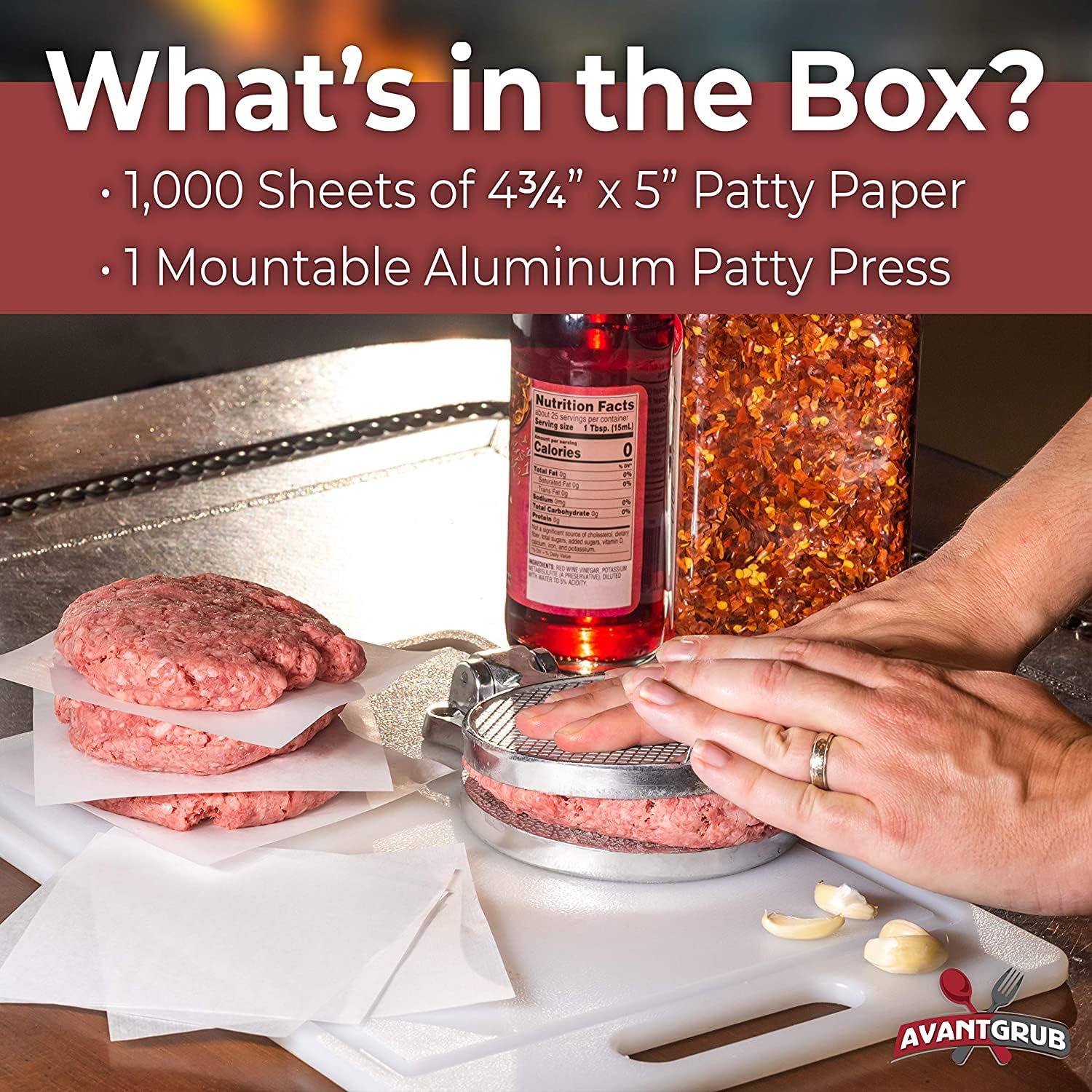 Avant Grub top-down press image demonstrating uniform 4.5 inch patty size benefit