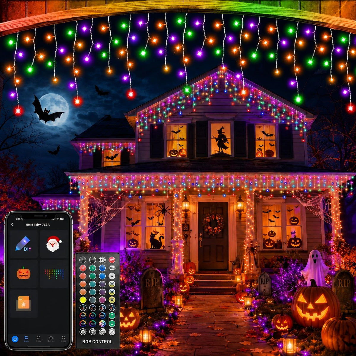 Avatar Controls front view of packaged 66FT icicle lights showing full length benefit