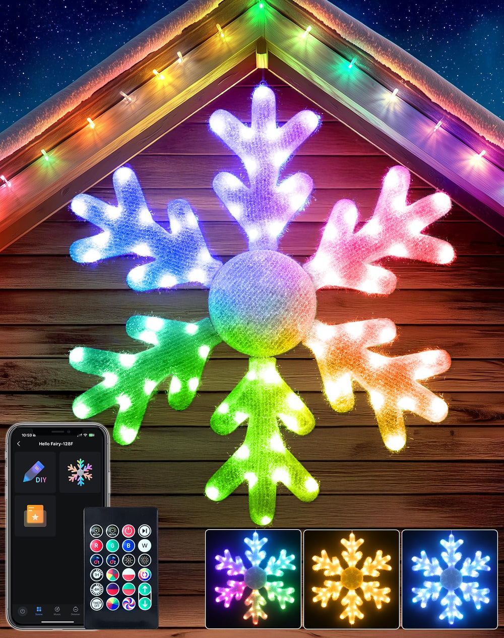 Avatar Controls front view snowflake light showing full illuminated pattern and bright LEDs