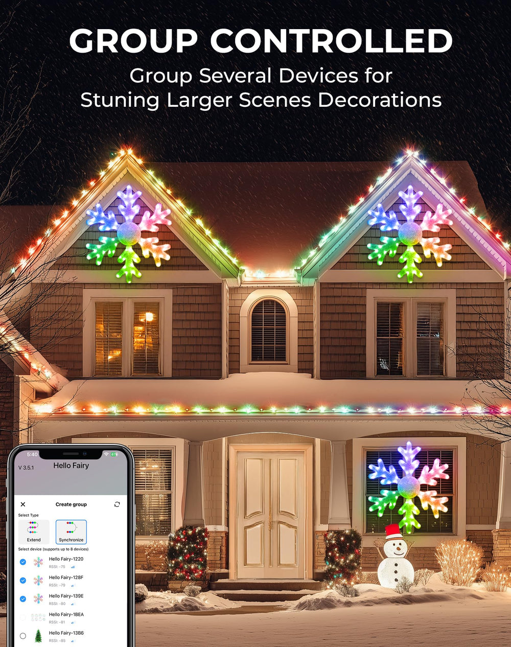 Avatar Controls multiple snowflakes synced across roofline for coordinated display