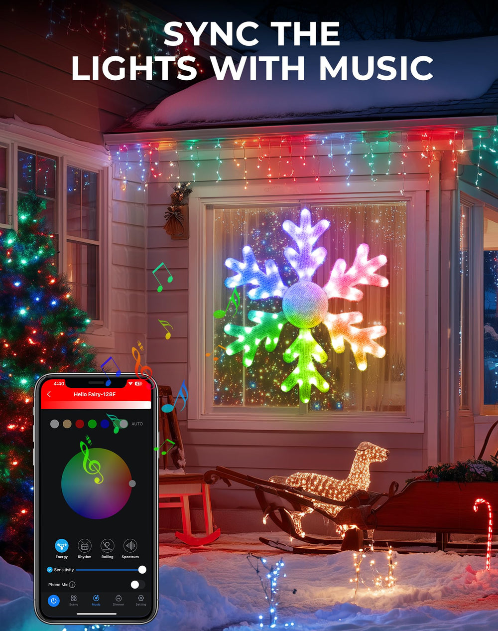 Avatar Controls snowflake hung on porch creating festive curb appeal at night