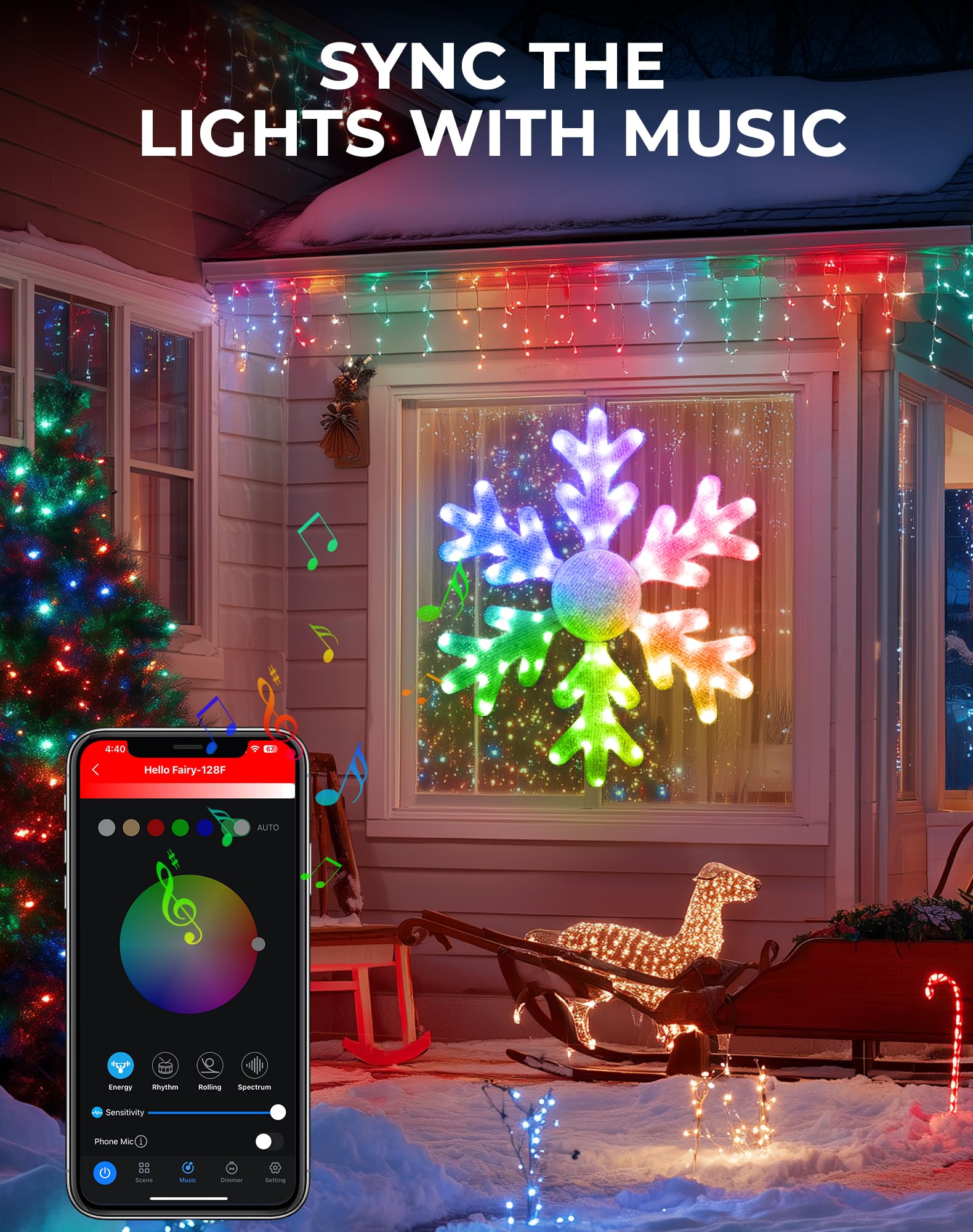 Avatar Controls snowflake hung on porch illustrating weatherproof outdoor holiday illumination