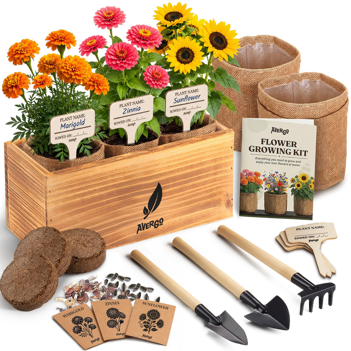 AVERGO front packaging showing complete indoor flower kit and benefit of organized contents