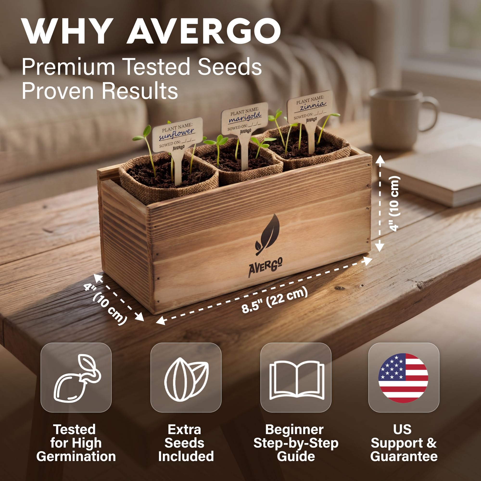 AVERGO hand tools arranged to show durable implements for simple indoor gardening