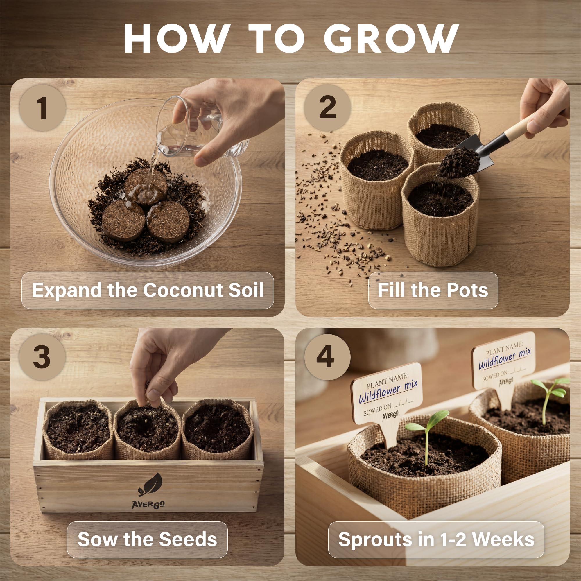 AVERGO wooden box open to display seeds, planters, and tools for organized storage