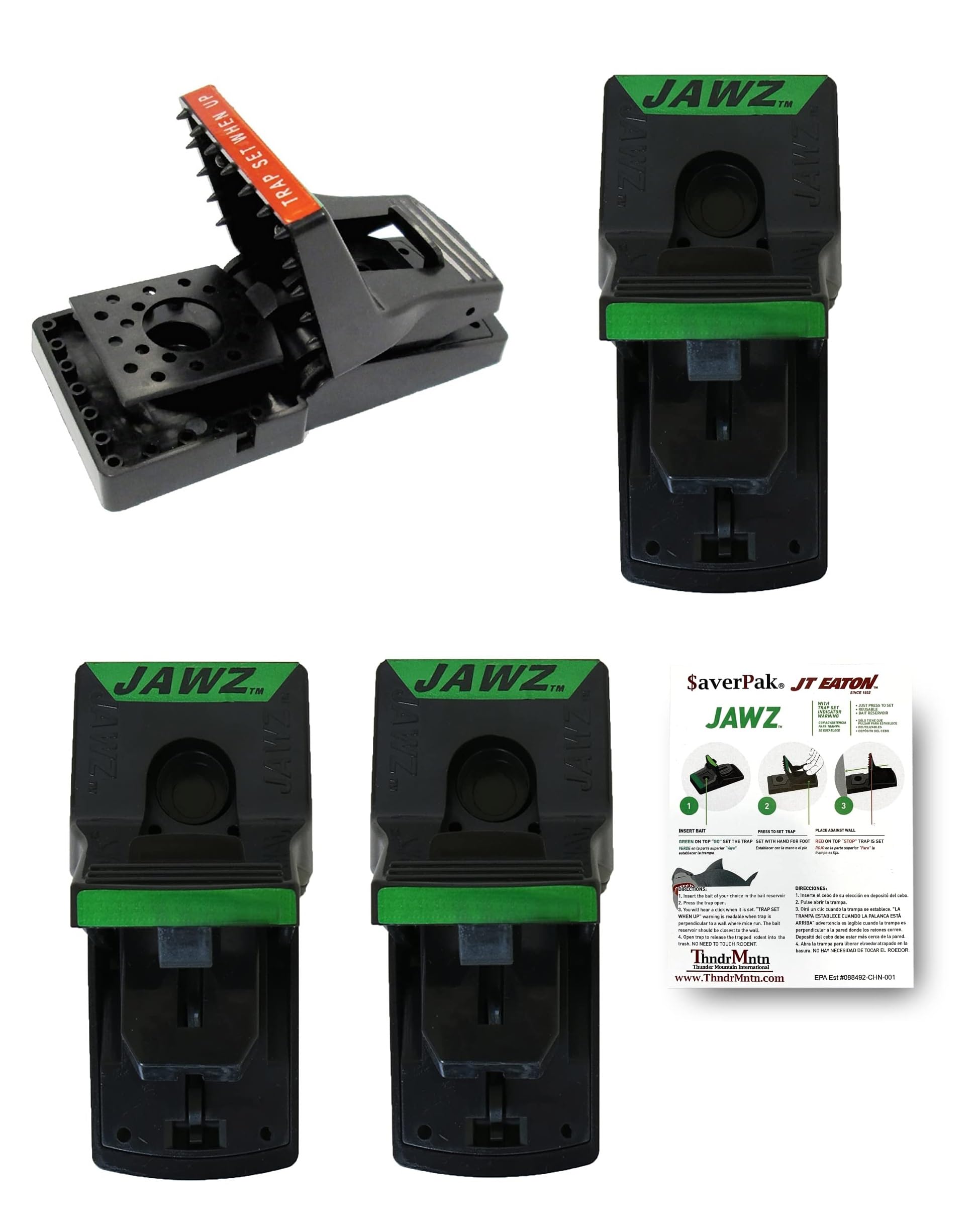 $averPak Jawz front packaging showing four traps and product labeling benefits