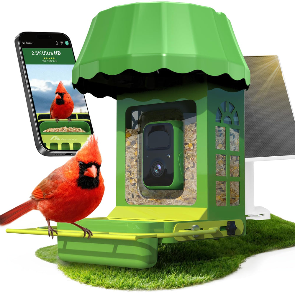 Avinory front view metal bird feeder showing durable build and camera benefit