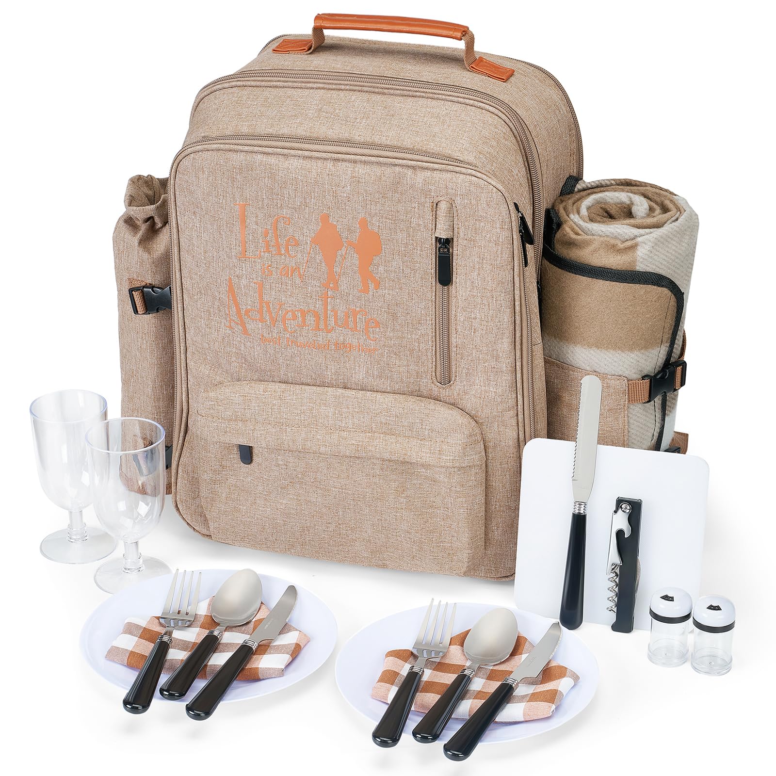 AW front view of light brown picnic backpack showing pockets and straps, durable carry