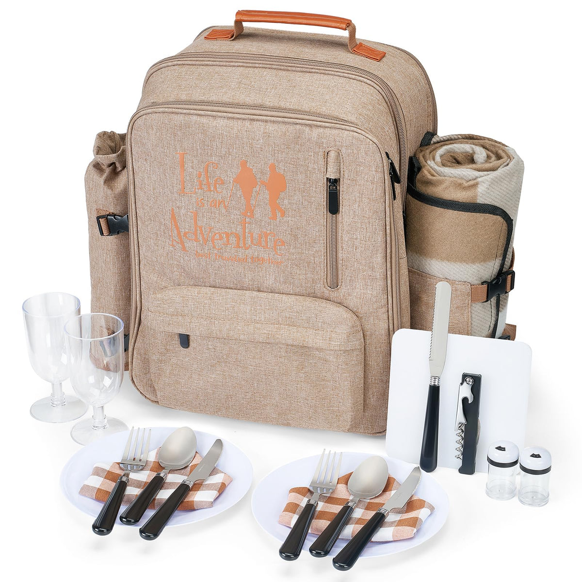 AW front view of light brown picnic backpack showing pockets and straps, durable carry