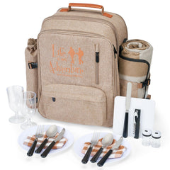 AW front view of light brown picnic backpack showing pockets and straps, durable carry