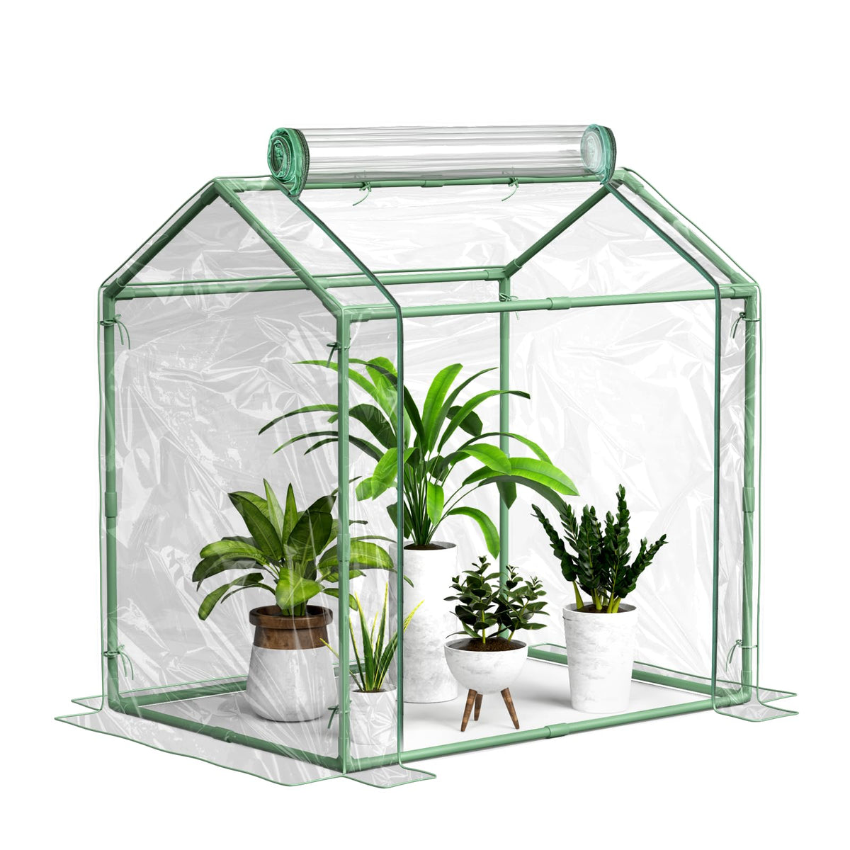 Awvlvwa front view of mini greenhouse showing clear PVC and full plant protection