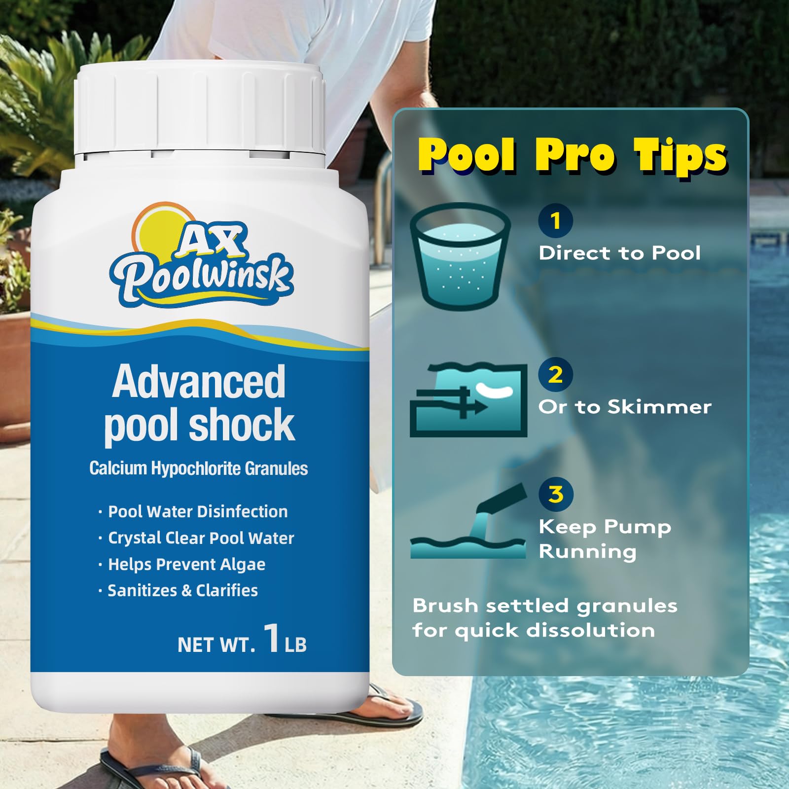 AX Poolwinsk granules close-up showing fast-dissolving texture to speed water clarification