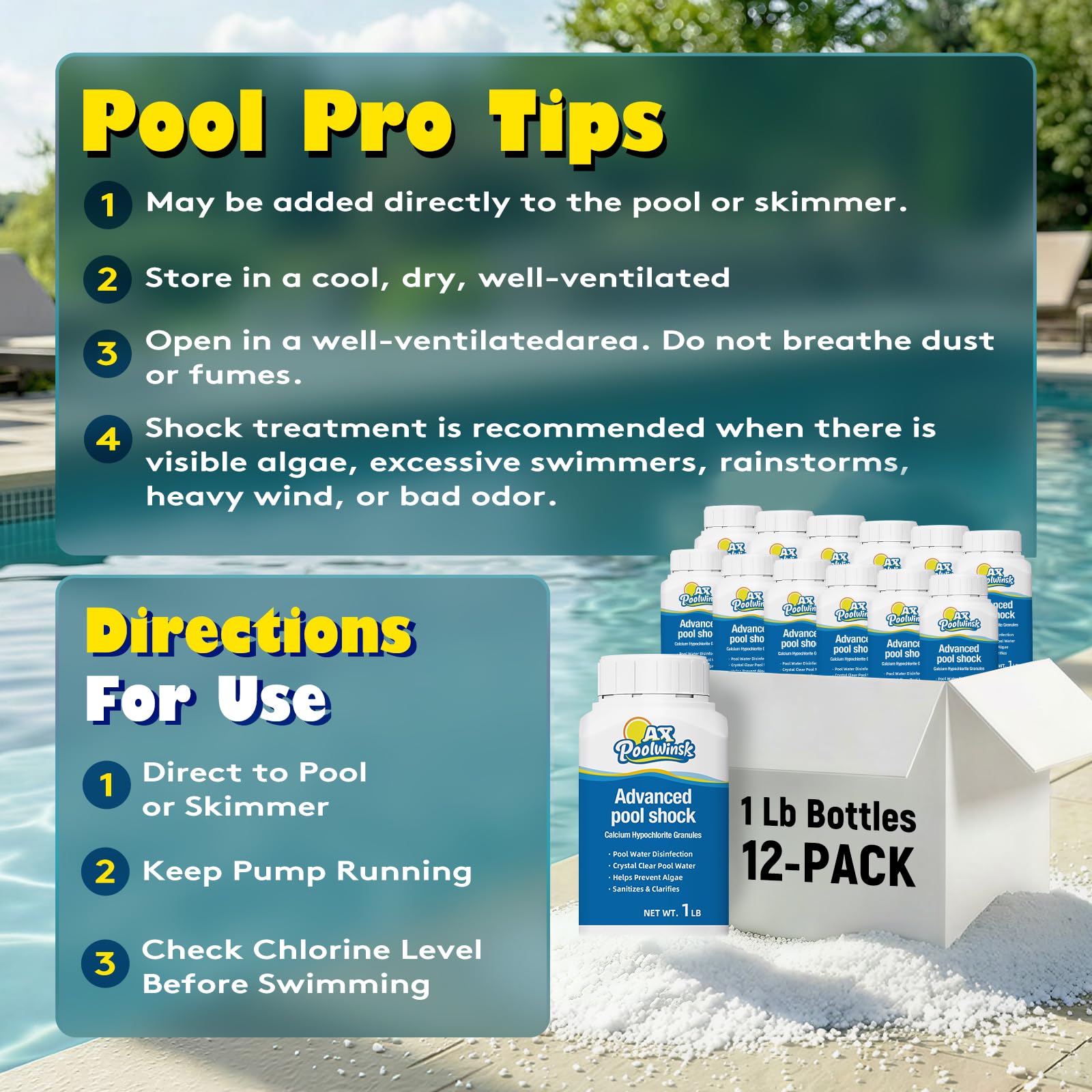 AX Poolwinsk stored on a garage shelf emphasizing leak-proof bottles that prevent moisture and clumping