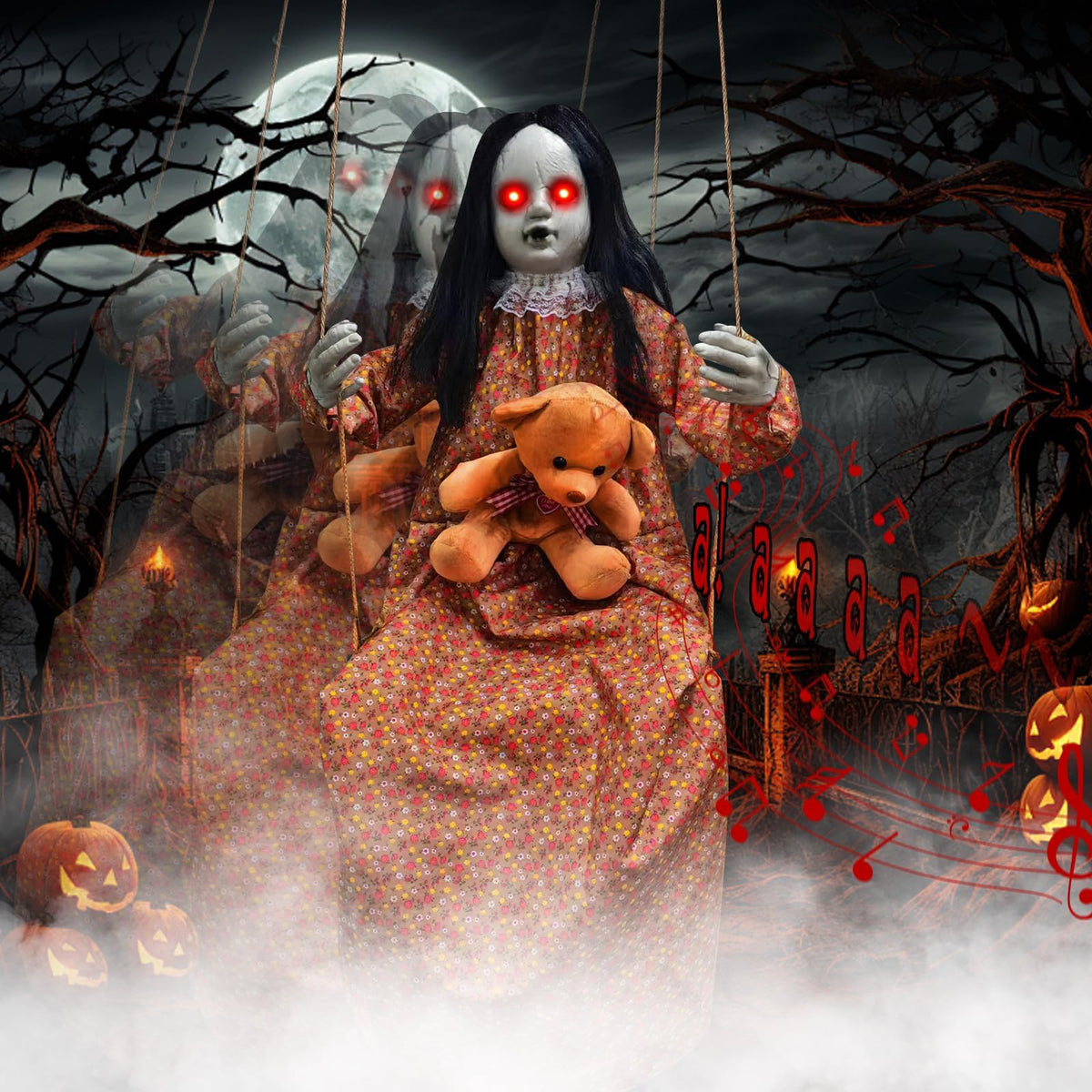 Axcoix front view showing full 45-inch swinging doll and spooky presence