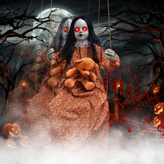 Axcoix front view showing full 45-inch swinging doll and spooky presence