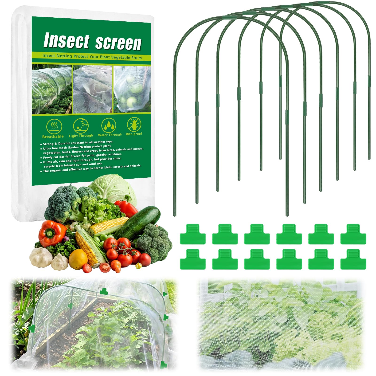 Axcoix front view of complete netting kit showing net, hoops and clips protecting plants
