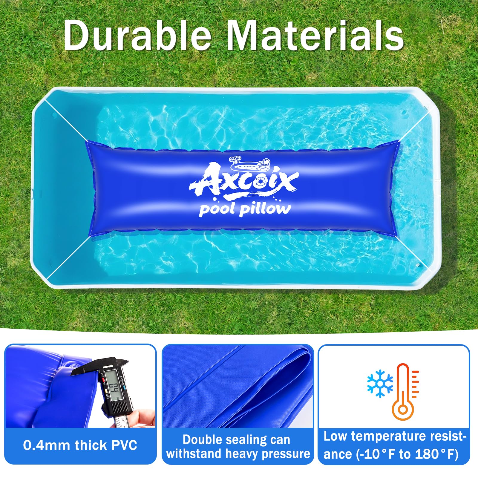 Axcoix inflated pool pillow floating at pool center protecting walls from ice