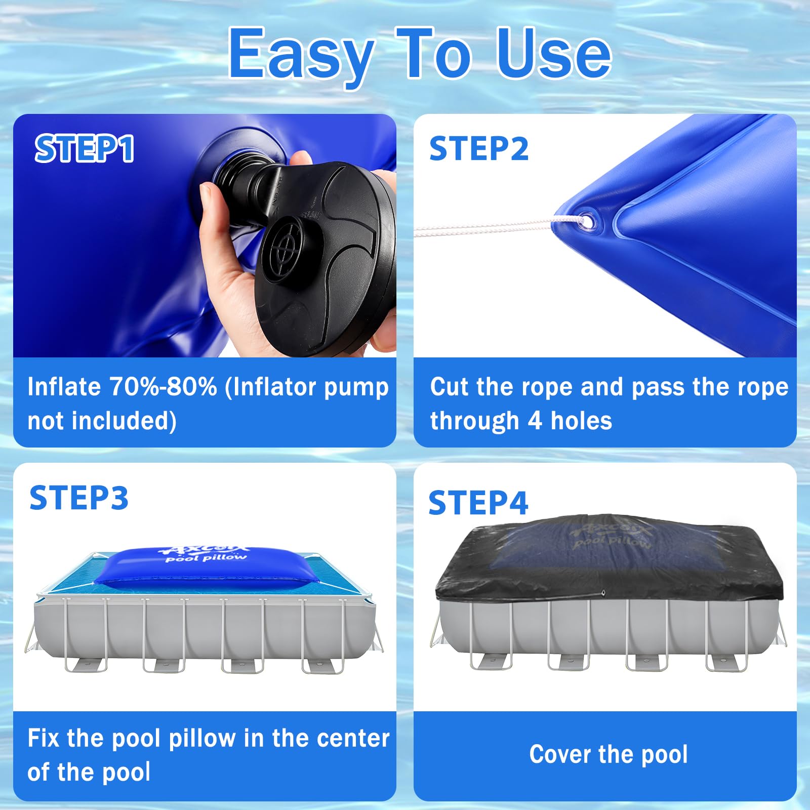Axcoix pillow beside pool ladder showing 4x15 ft scale for correct sizing