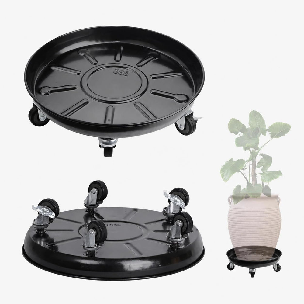 AyaLight front view of two black metal plant dollies showing robust design and finish