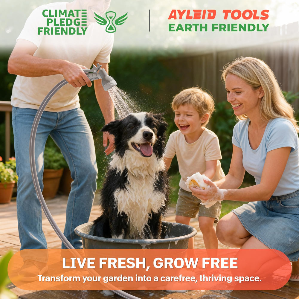 Ayleid 9-spray nozzle patterns displayed conveying versatile watering and cleaning benefit