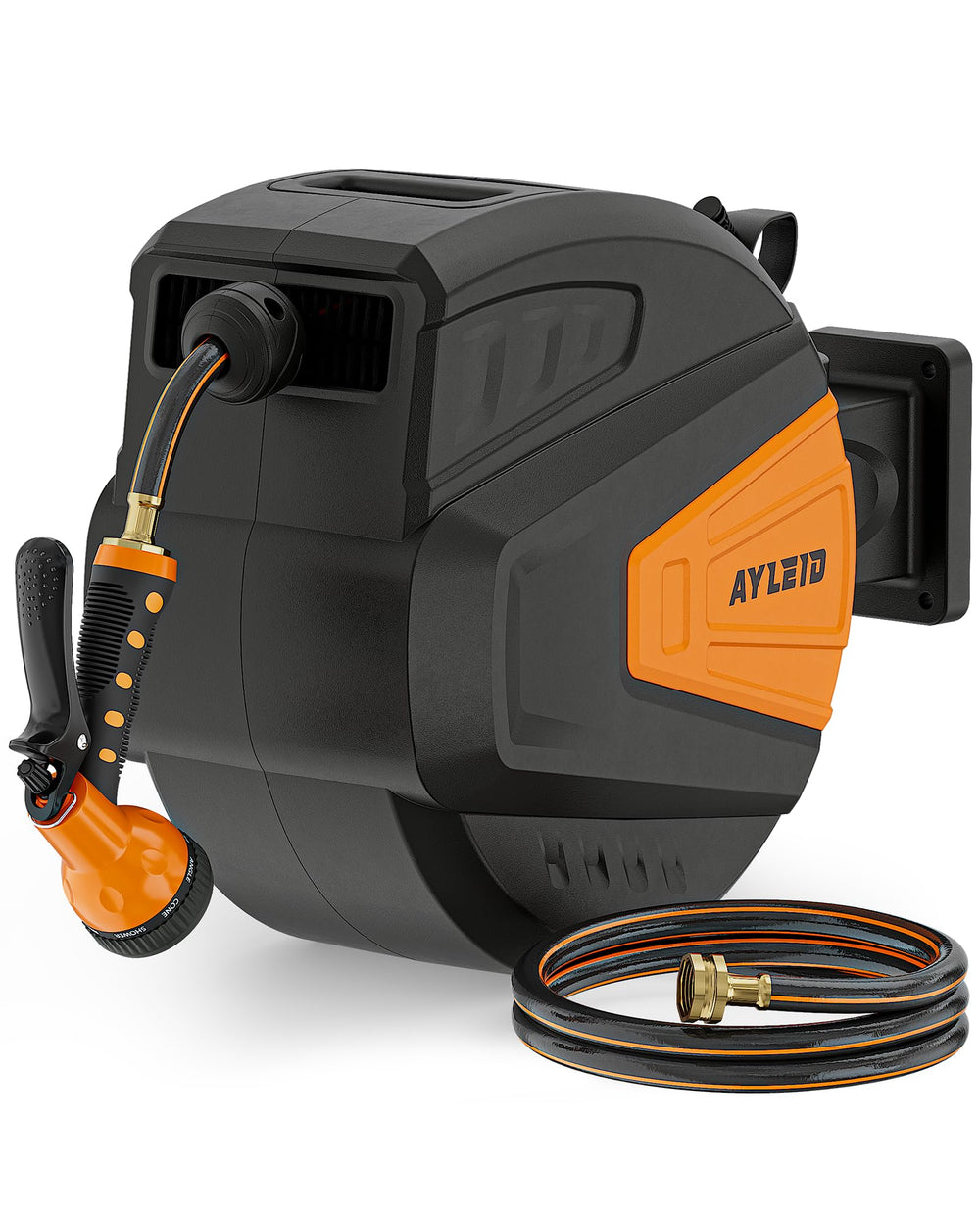 Ayleid front view of reel showing compact wall-mounted design and neat hose storage