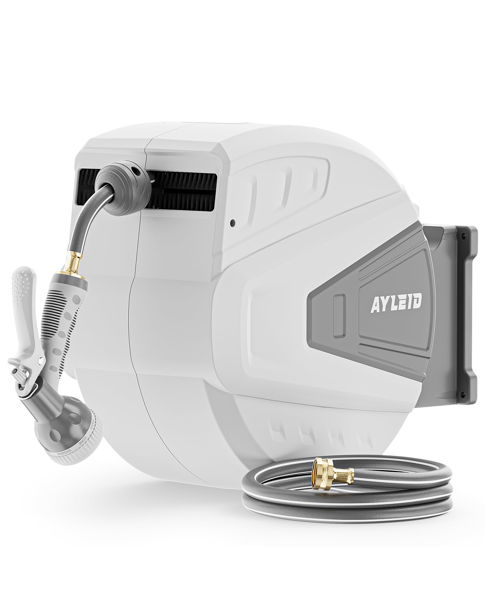 Ayleid front view wall-mounted reel showing compact storage and neat hose benefit