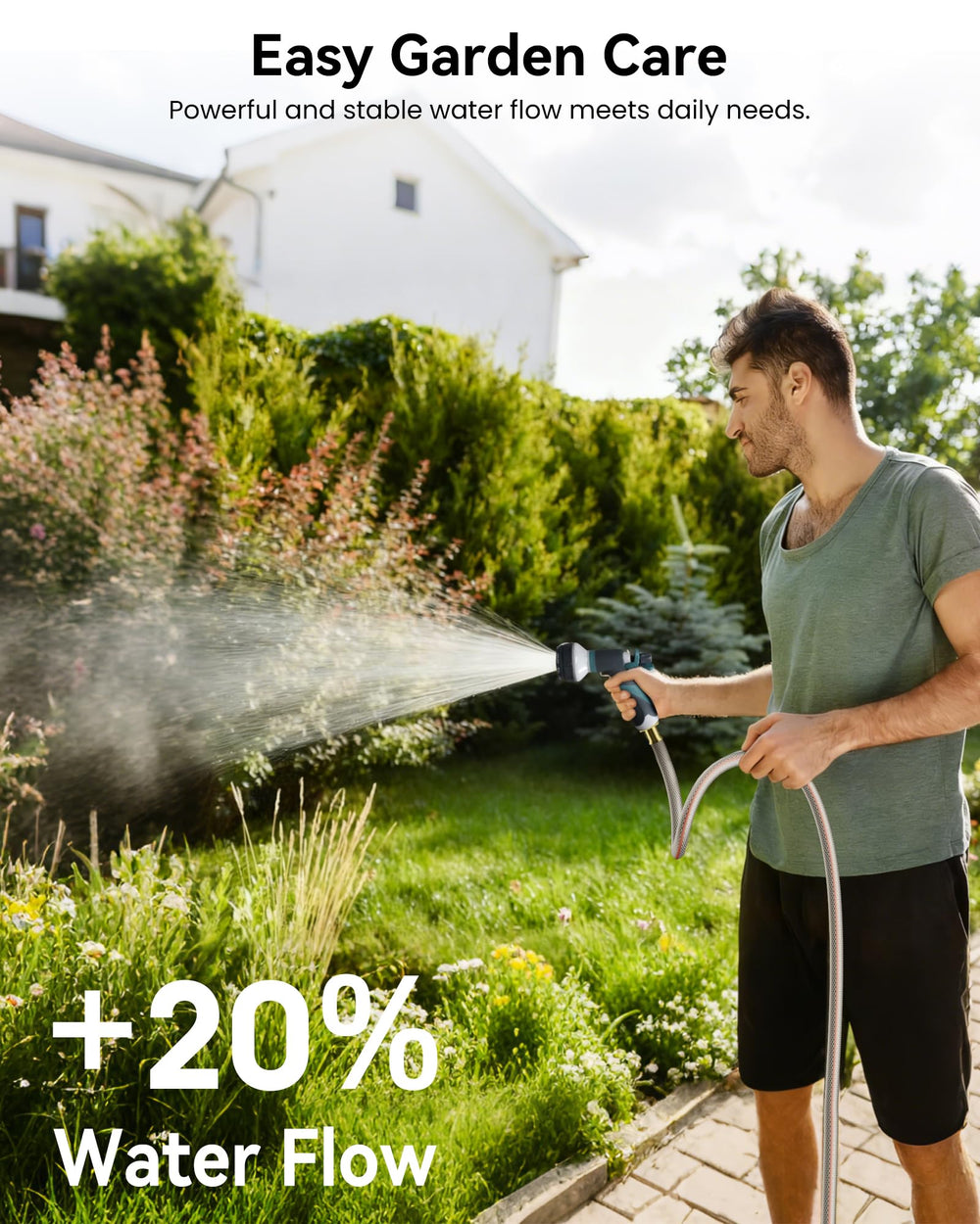 AYURA 100 ft hose fully extended across lawn showing wide reach for large yards
