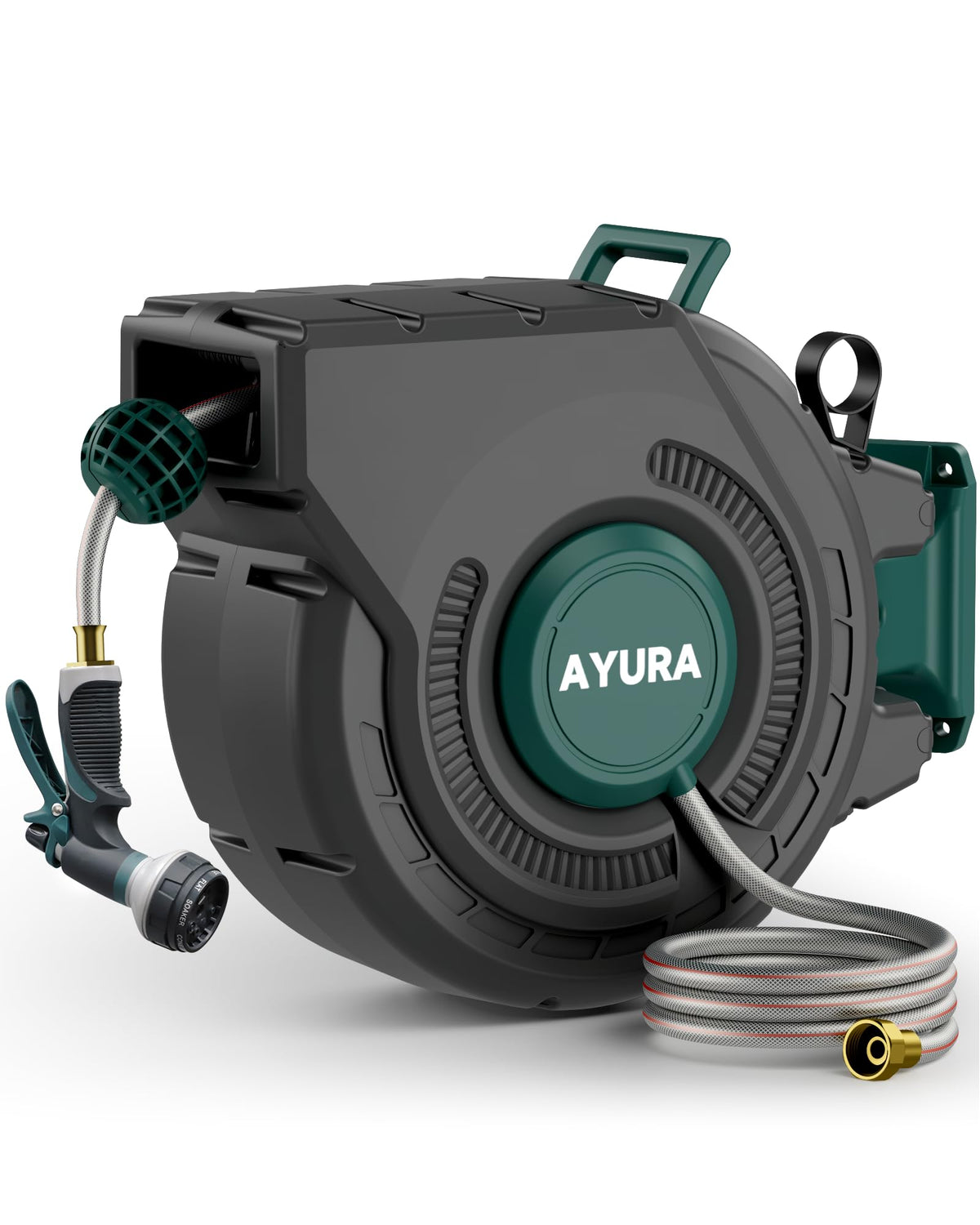 AYURA front view of retractable hose reel showing compact organized storage benefit