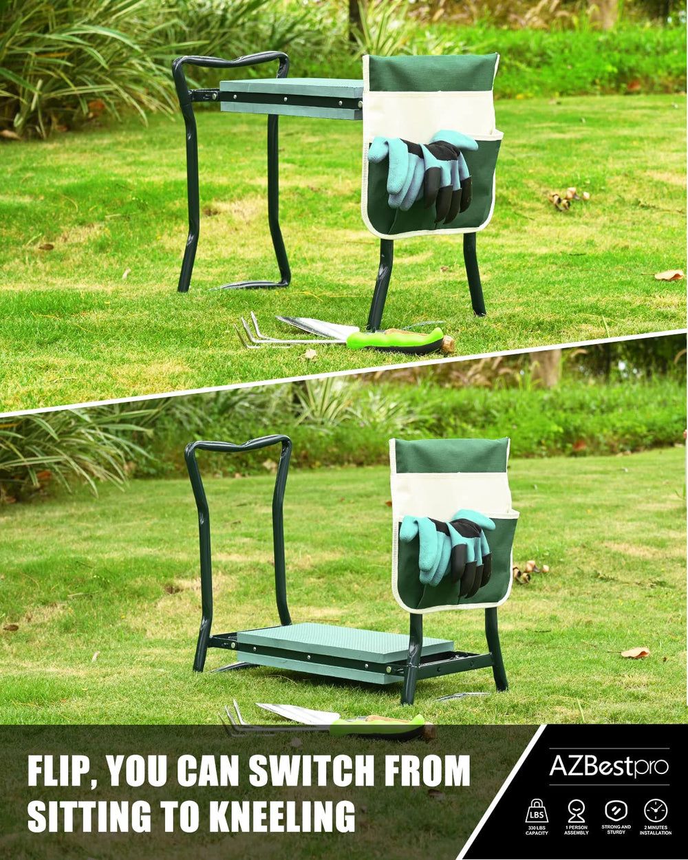 AZBESTPRO folded stool flat beside a shovel showing compact storage and transport benefit