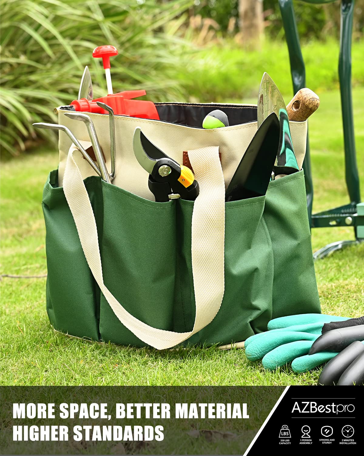 AZBESTPRO large gardening tool bag attached to bench organizing tools for easy access