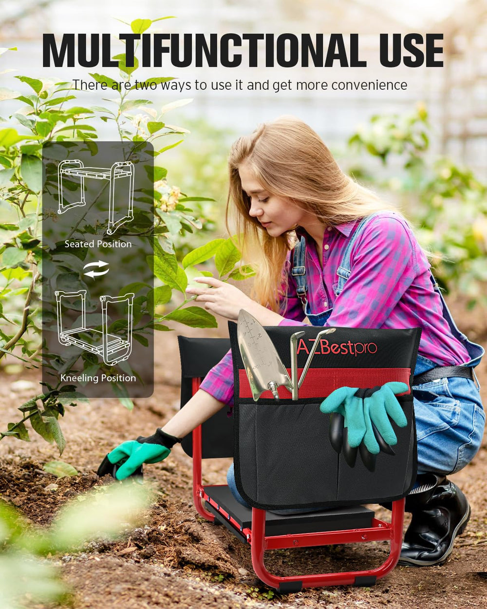 AZBESTPRO detachable tool bags attached to stool holding trowel and gloves for organization