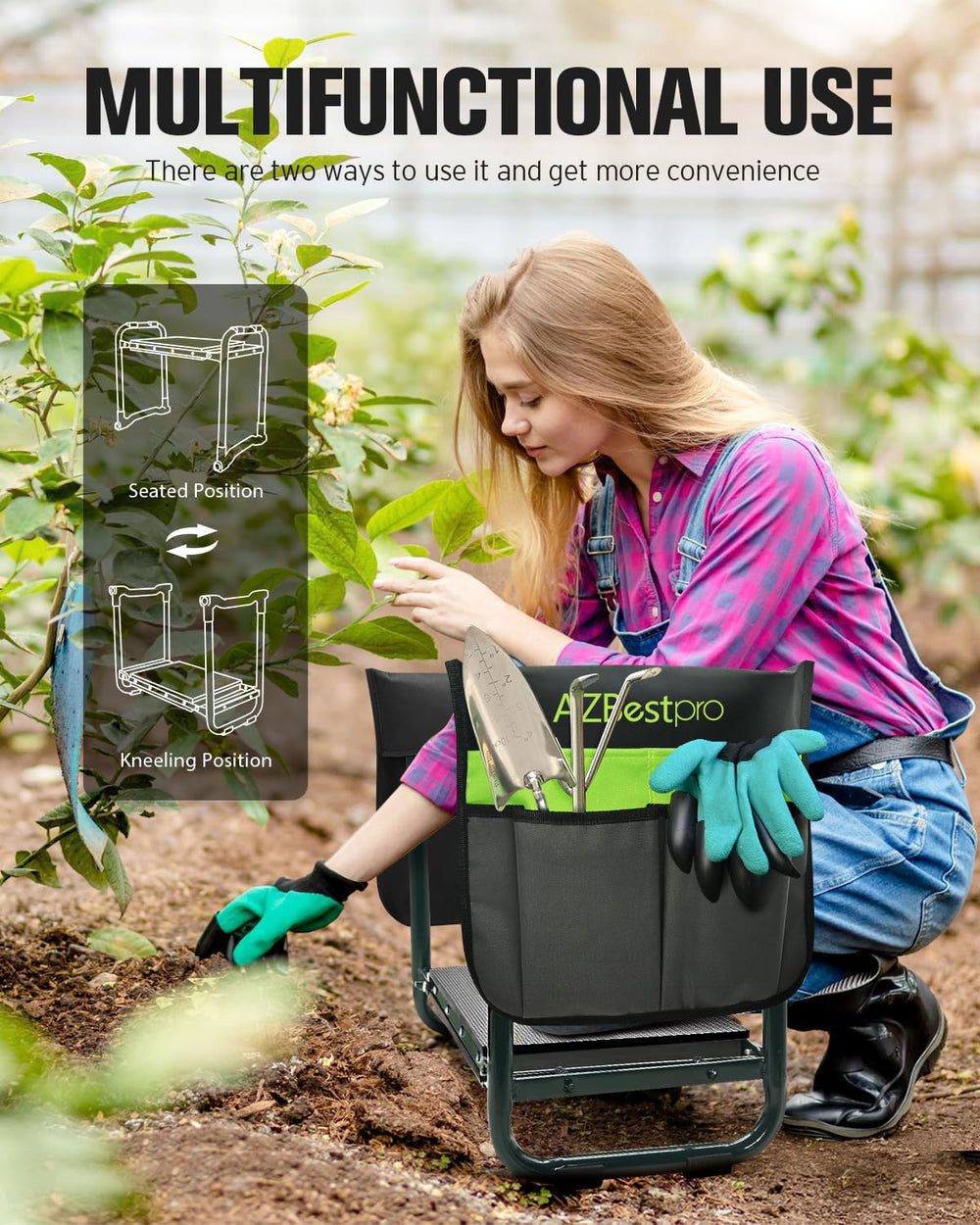 AZBESTPRO stool with two large tool bags attached for organized gardening