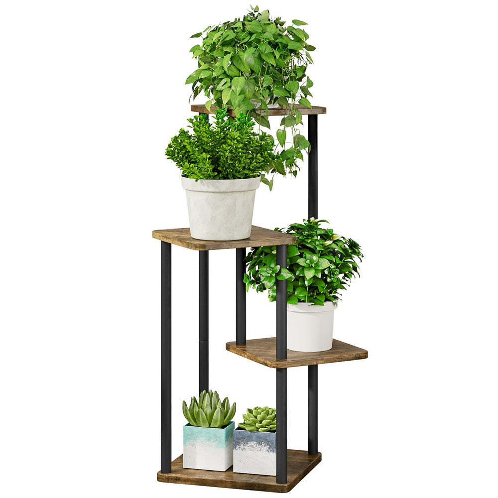 AZERPIAN front view corner plant stand showing all four tiers and five pots, compact display benefit