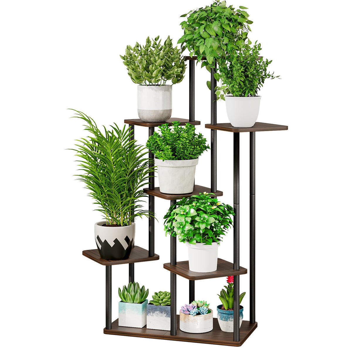AZERPIAN front view of corner plant stand showing tiered display and space saving benefit