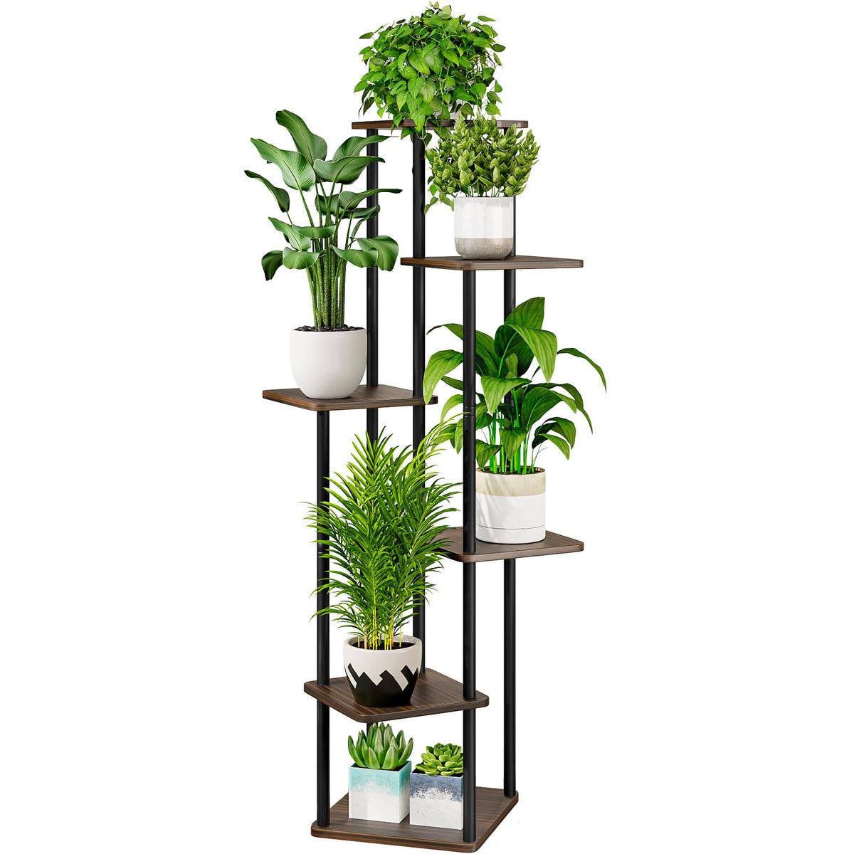 AZERPIAN front view of six-tier corner plant stand showing compact vertical display benefit