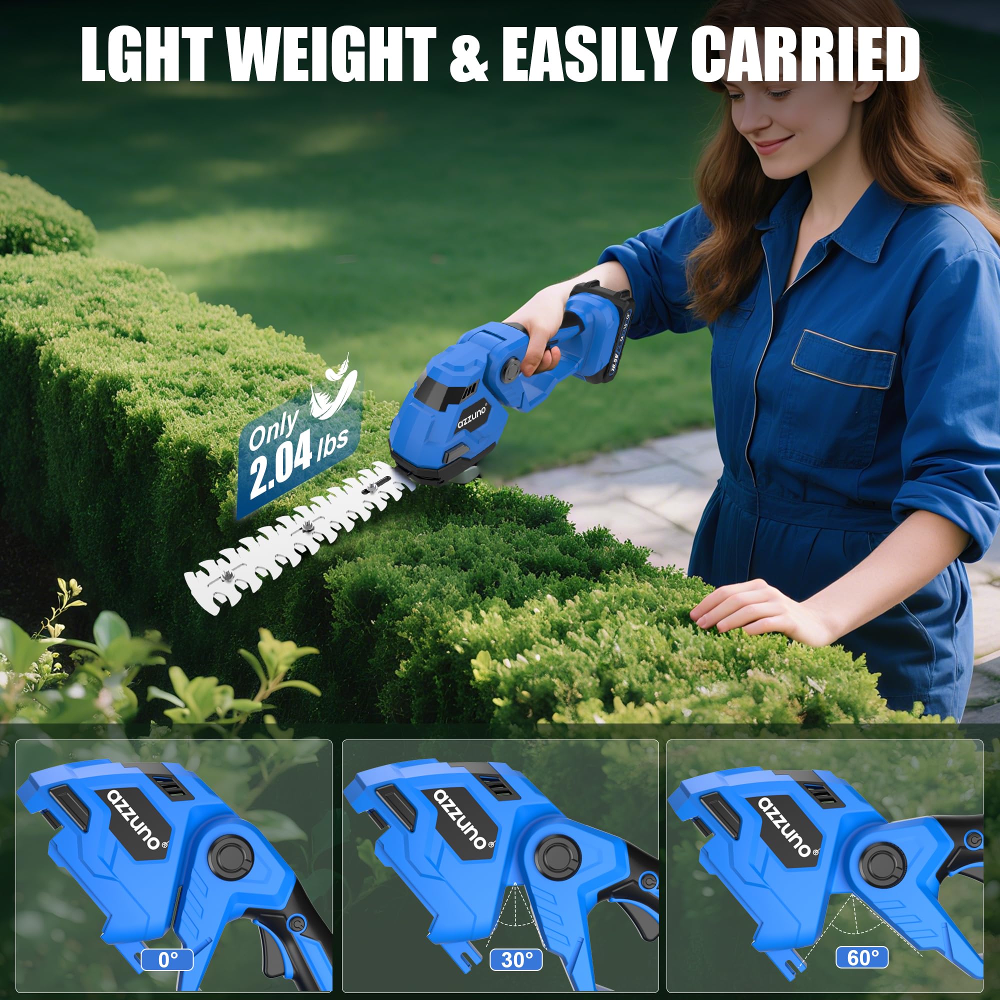 AZZUNO adjustable head at 45 degrees demonstrating versatile cutting angles