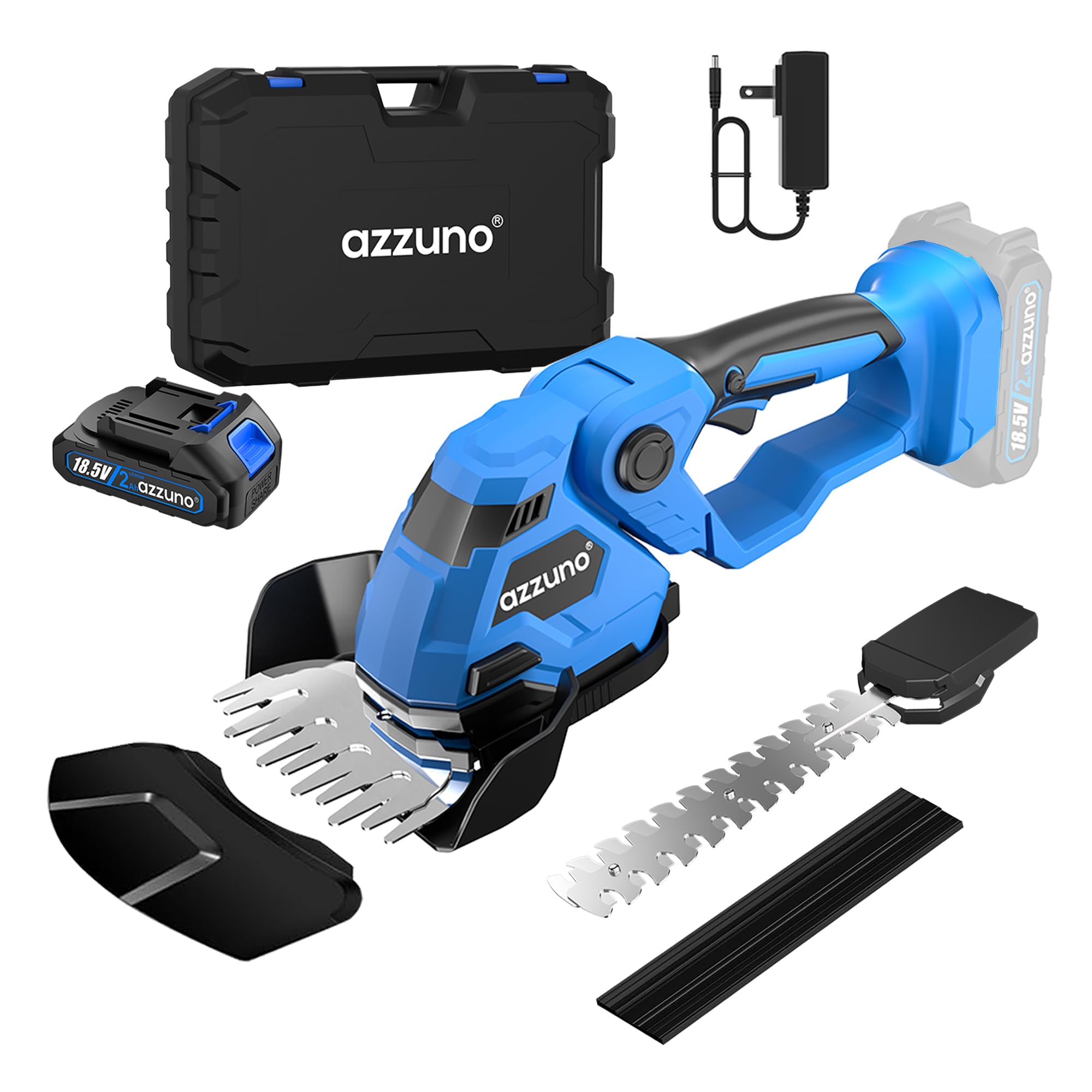 AZZUNO front view of cordless hedge trimmer showing compact design and portability