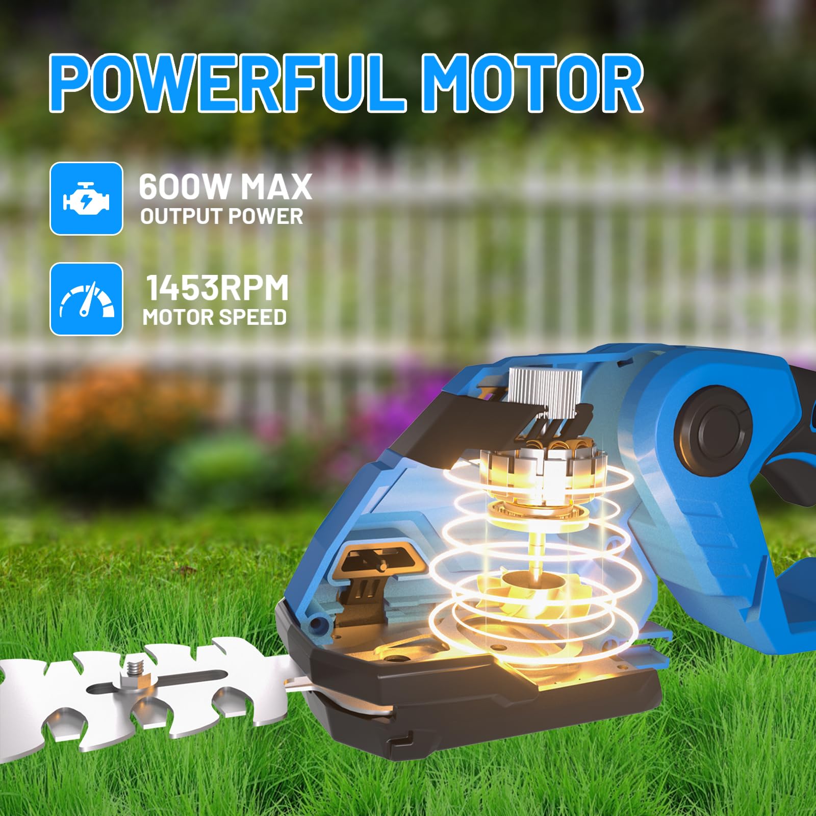 AZZUNO trimmer in garden use illustrating easy cordless trimming and maneuvering