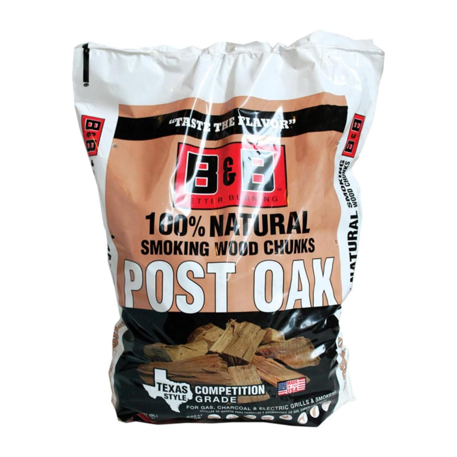 B&B Charcoal bag front view showing post oak wood chunks benefit consistent smoke