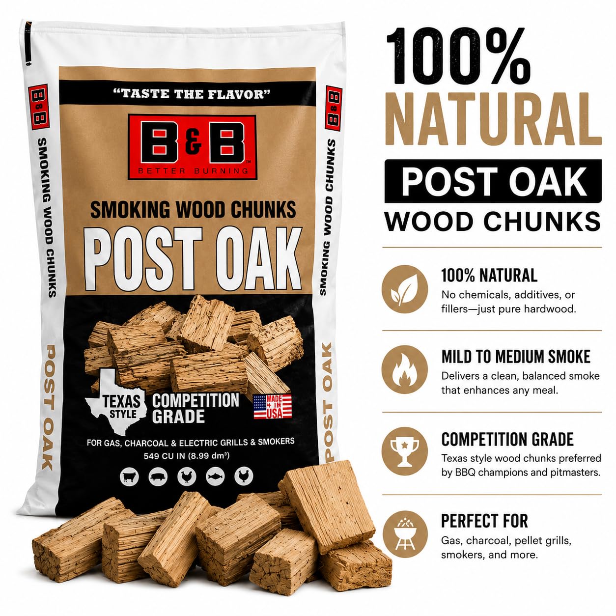 B&B Charcoal chunks on hot coals producing steady smoke for flavorful grilling