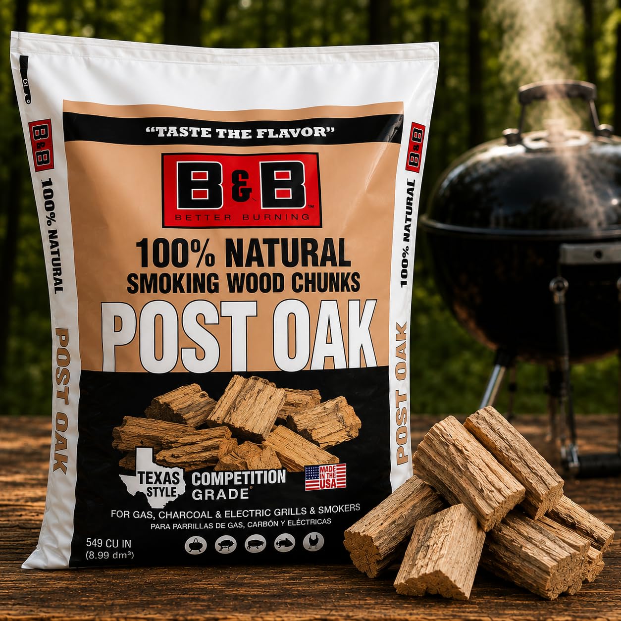 B&B Charcoal package label highlighting 549 cubic inches for multiple cooks