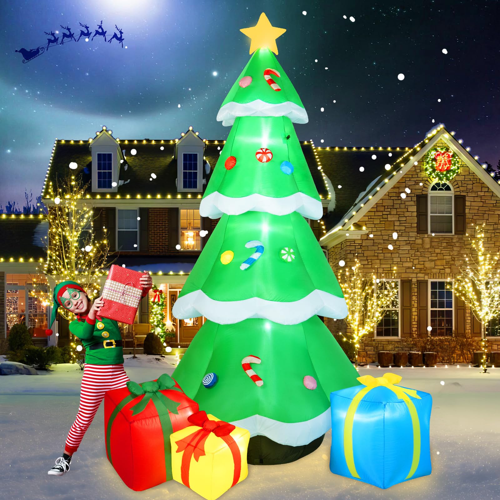 B&D inflatable tree front view showing festive decorations and instant curb appeal