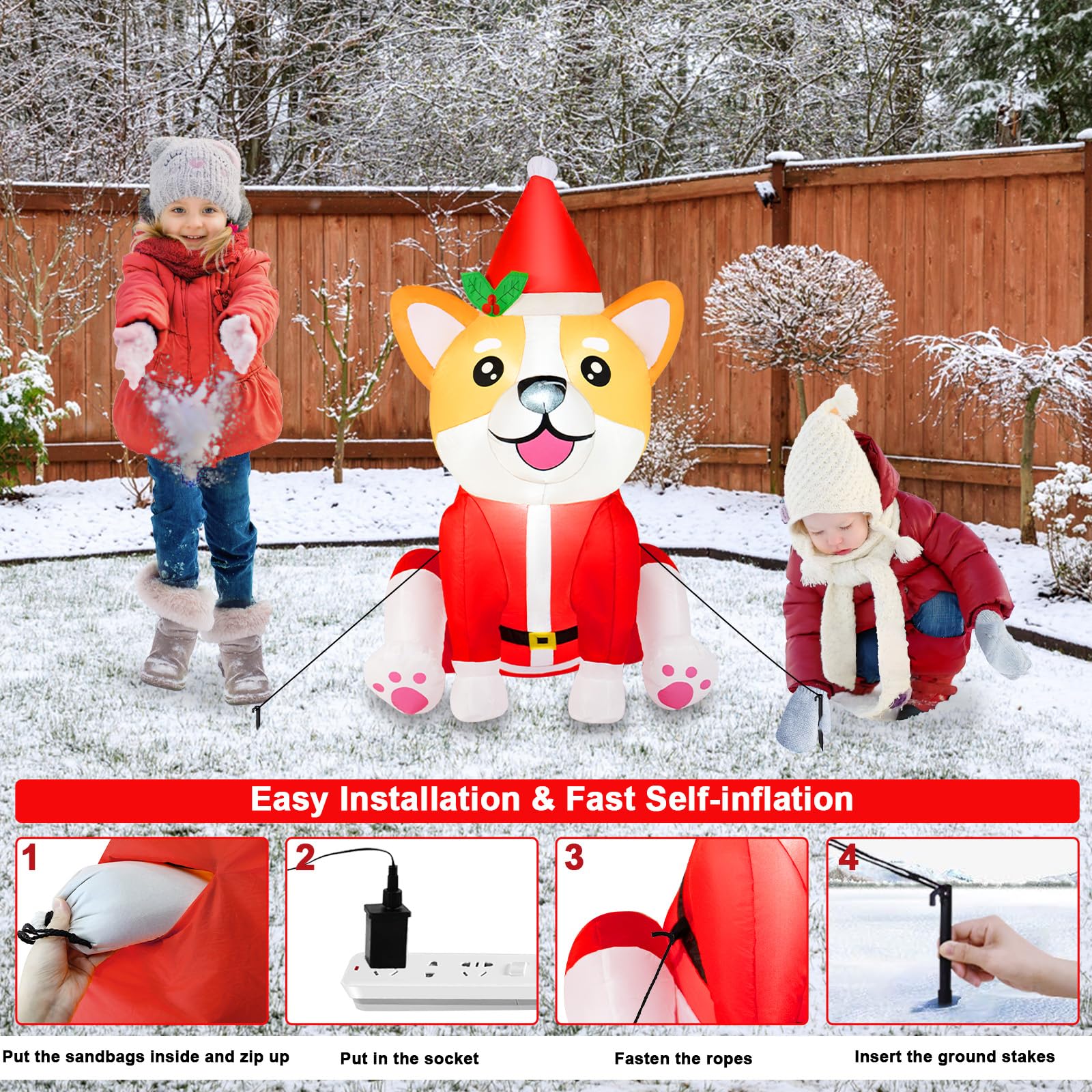 B&D child beside corgi inflatable creating joyful holiday moments