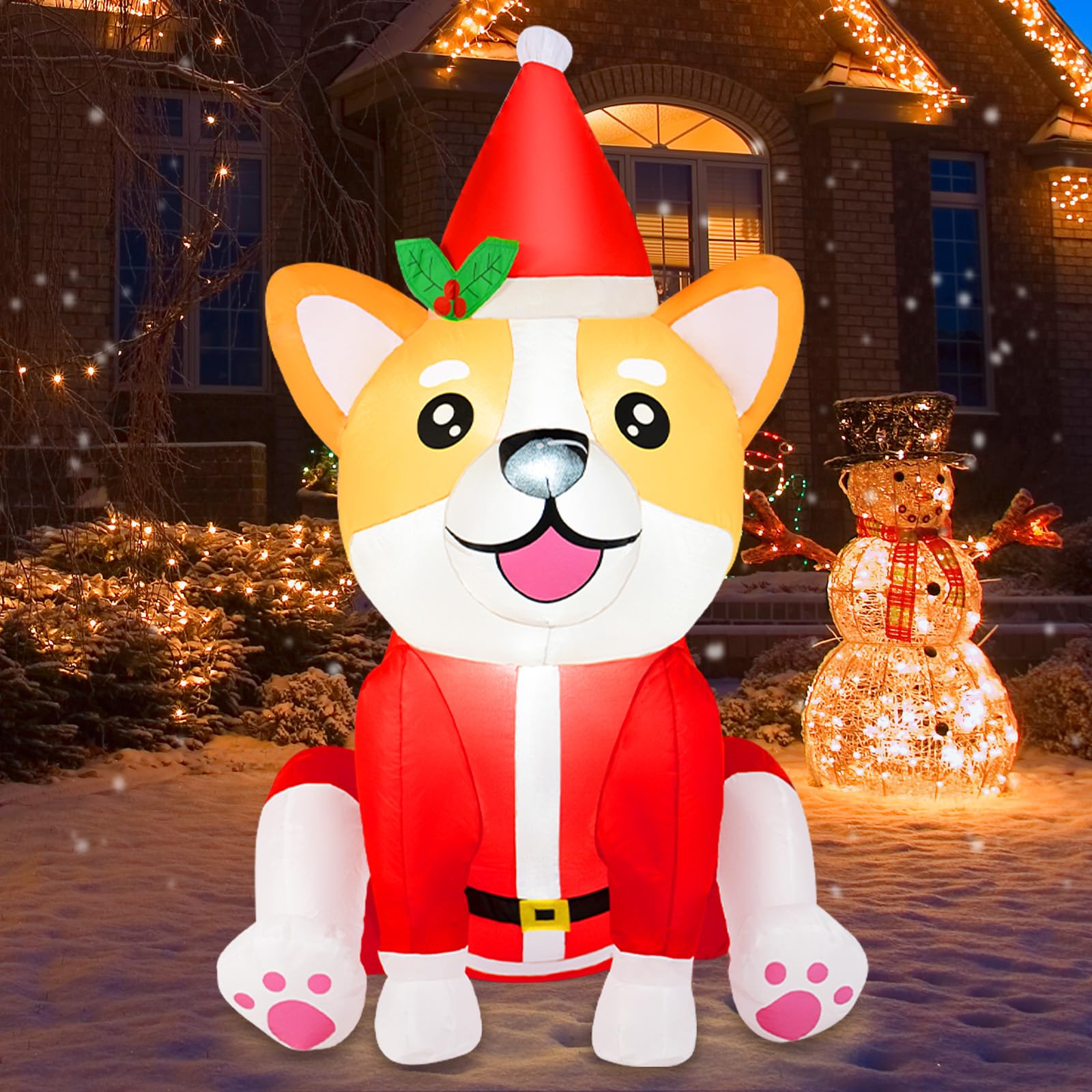 B&D front view of corgi inflatable showing festive design and curb appeal