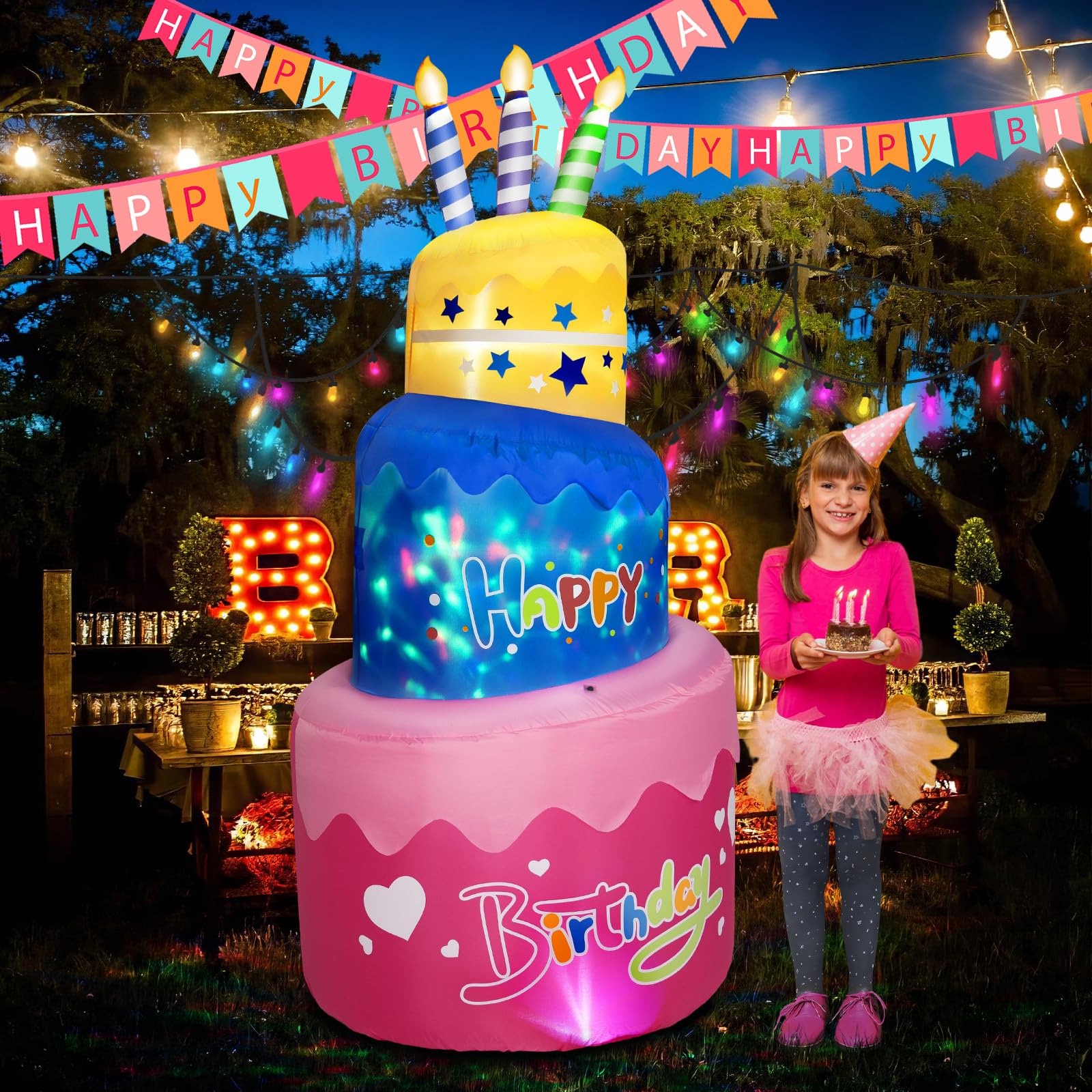 B&D lit night display on lawn showcasing bright lights and celebratory mood