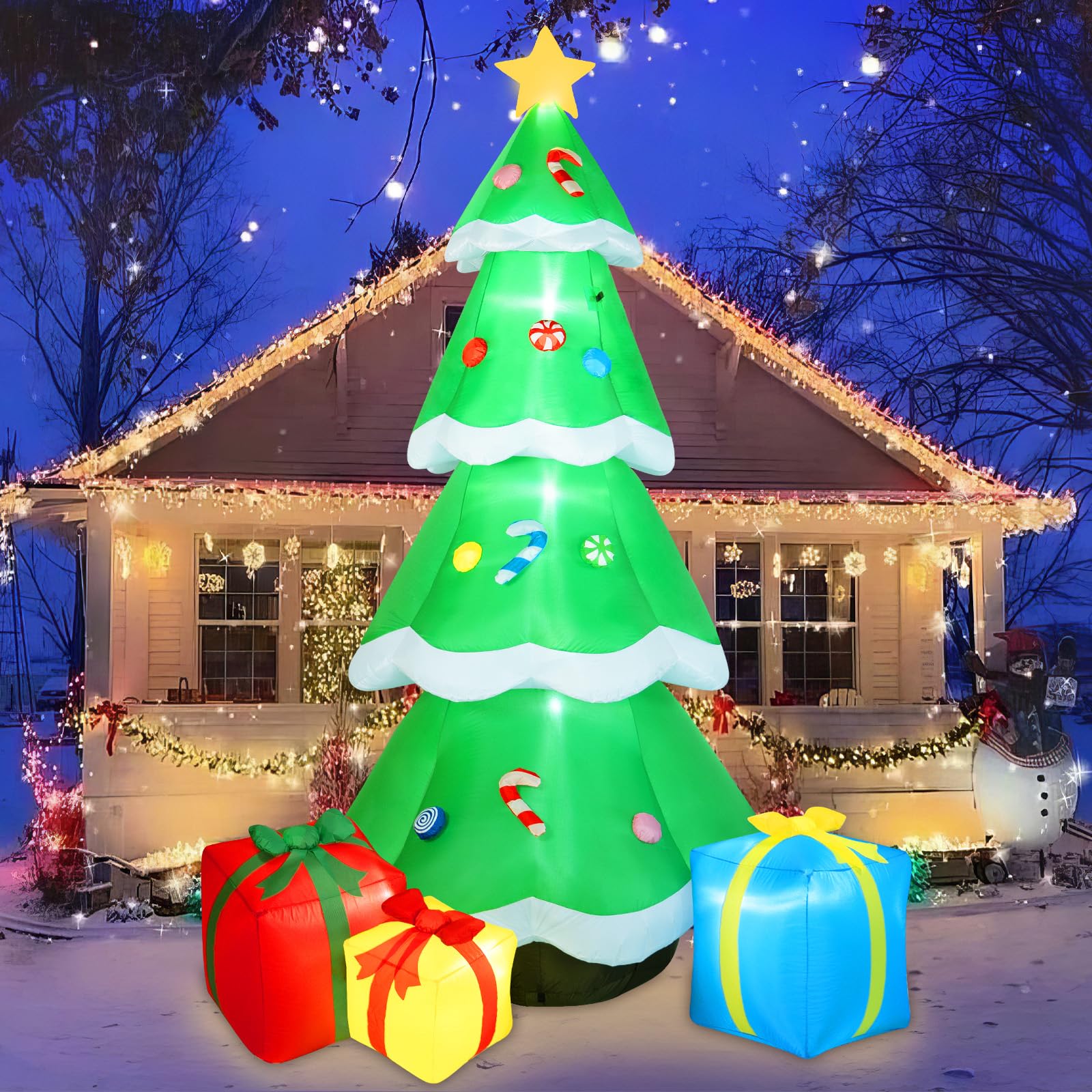 B&D family posing by the inflatable tree showing joyful holiday photo moments
