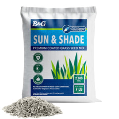 B&G front packaging showing 7 lb bag and coverage, highlights easy application benefit
