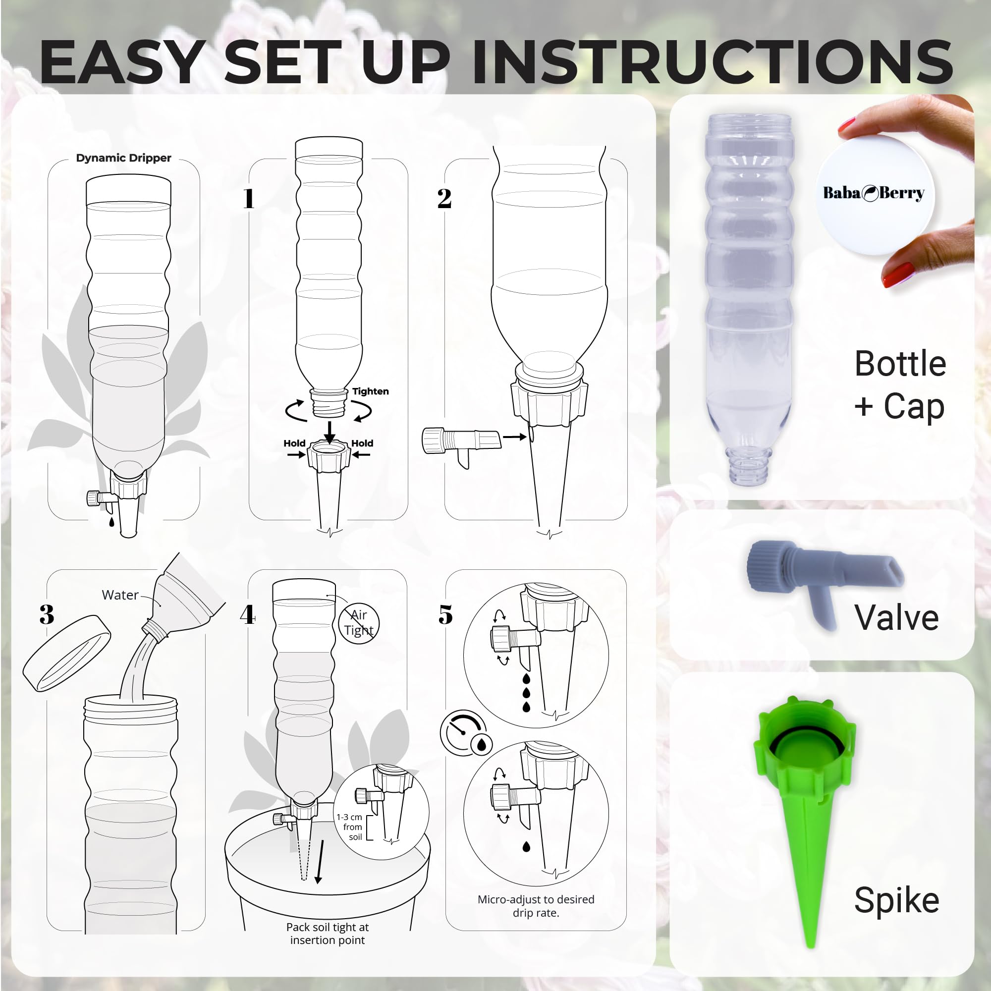 BabaBerry watering spike inserted in indoor pot demonstrating hands‑free hydration while away