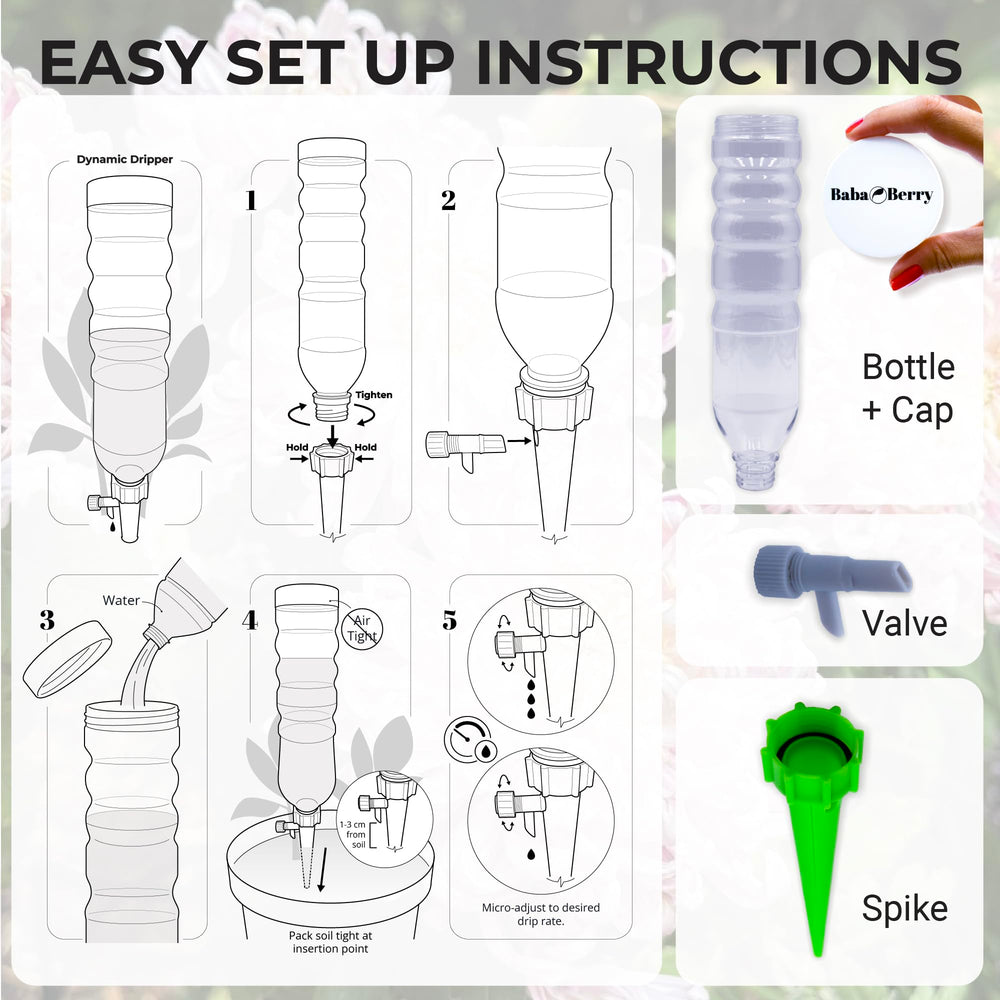 BabaBerry watering spike inserted in indoor pot demonstrating hands‑free hydration while away